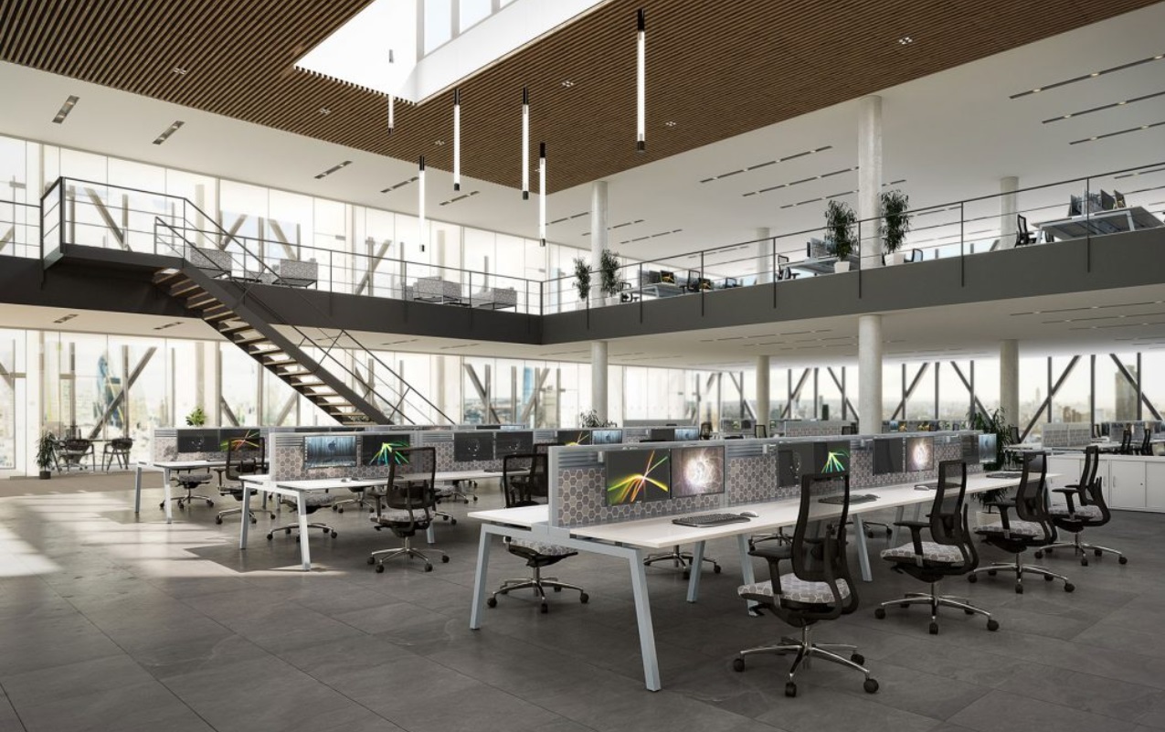 White Bench Desks With Desktop Screens And Mesh Operator Chairs